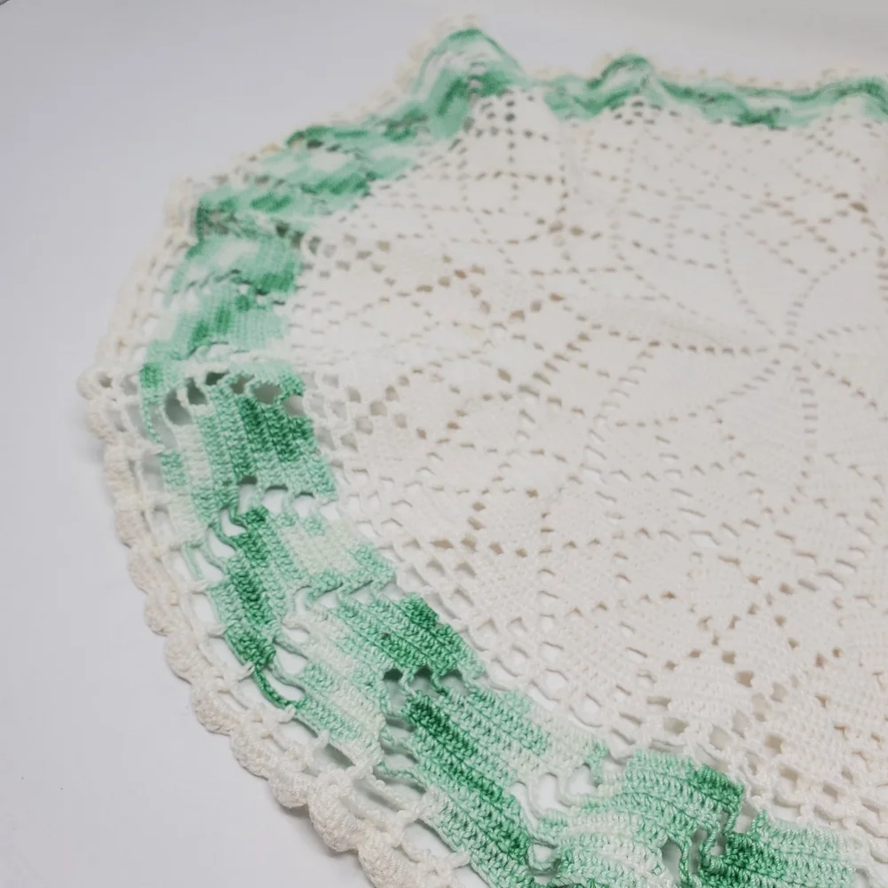 Vintage Large round green and white croqueted dollie 19